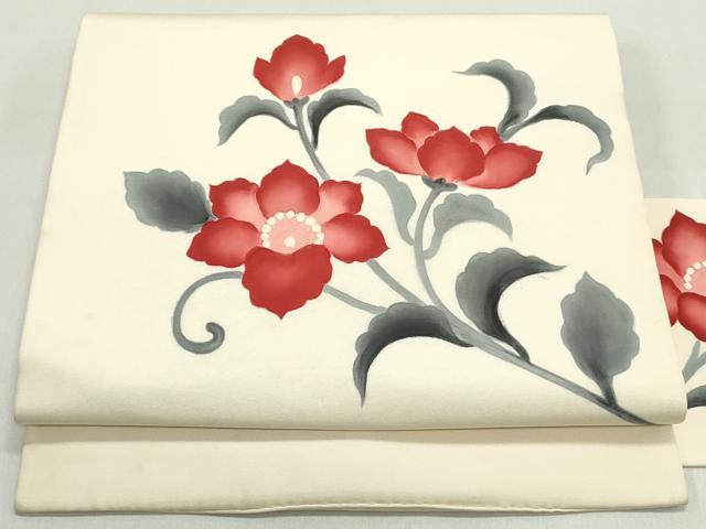 平和屋着物●塩瀬　九寸名古屋帯　手描き　花唐草文　正絹　逸品　DAAZ3121ob