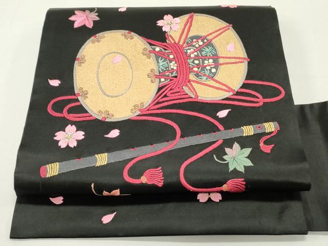 平和屋着物●アンティーク　大正ロマン　九寸名古屋帯　作家物　総刺繍　楽器舞桜文　黒地　金糸　正絹　逸品　DAAZ3130ob