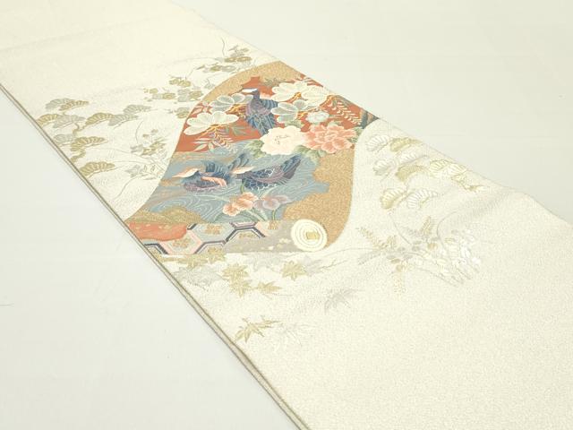 A◇着物くつろぎ 美品 綴織 扇模様 金銀糸 太鼓 正絹 開仕立て名古屋帯