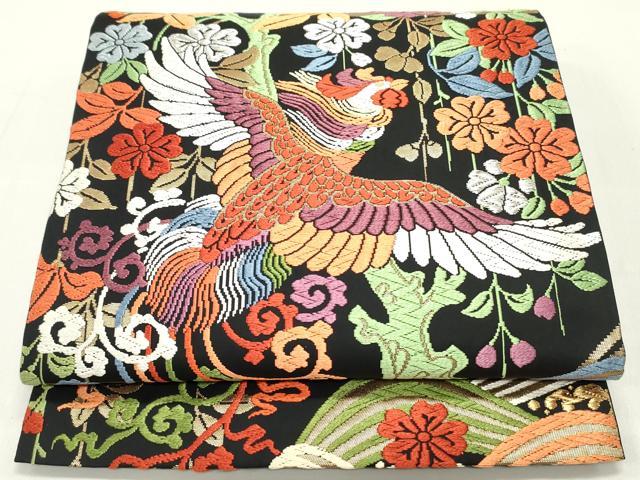 平和屋着物●六通柄袋帯　唐織　鳳凰花唐草文　黒地　金糸　正絹　逸品　DAAZ3144ob