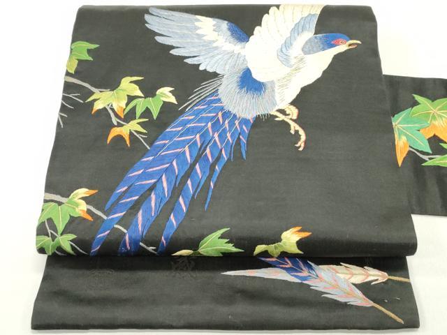 平和屋着物●アンティーク　大正ロマン　九寸名古屋帯　作家物　総刺繍　尾長鳥　黒地　金糸　正絹　逸品　DAAZ3155ob
