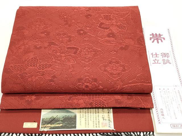 平和屋着物●西陣　八寸名古屋帯　京つづれ帯　更紗花菱文　茜色　証紙付き　正絹　逸品　DAAZ3163ob