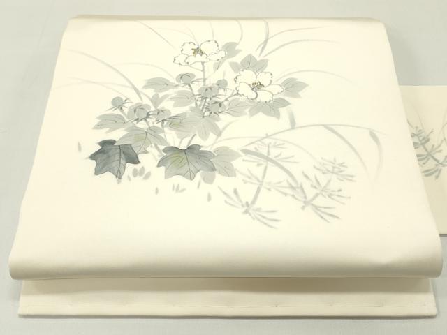 平和屋着物●塩瀬　九寸名古屋帯　手描き　草花文　正絹　逸品　DAAZ3174ob