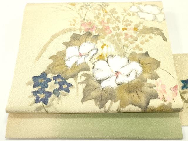 平和屋着物●九寸名古屋帯　手描き　草花文　鬼しぼ縮緬　正絹　逸品　DAAZ3179ob