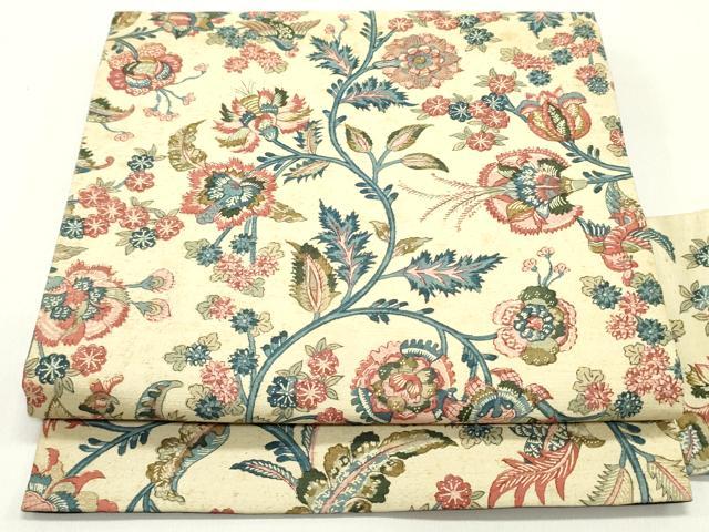 平和屋着物●九寸名古屋帯　紬地　型染め　更紗花唐草文　正絹　逸品　DAAZ3222ob