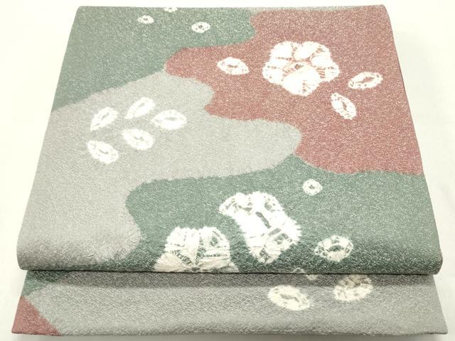 平和屋着物●六通柄袋帯　絞り　舞花文　銀通し地　正絹　逸品　DAAZ3261ob