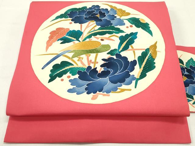 平和屋着物●本加賀友禅作家　木村雨山　九寸名古屋帯　花鳥丸文　赤紅色　正絹　逸品　DAAZ3400ob