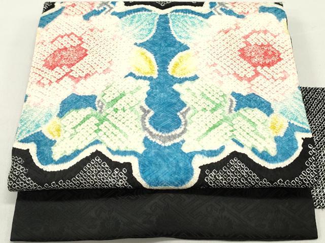 平和屋着物●名門　藤娘きぬたや・総絞り　九寸名古屋帯　草花文　黒地　正絹　逸品　DAAZ3447ob