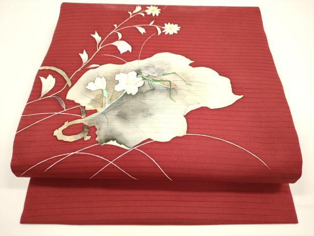 平和屋着物＊夏物　路塩瀬　つけ帯　手描き　飛蝗草花文　正絹　逸品　DAAZ4006cm