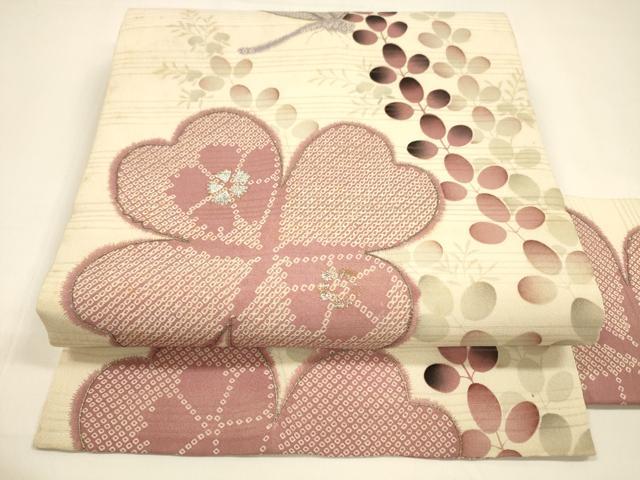 平和屋着物＊夏物　アンティーク　大正ロマン　九寸名古屋帯　変わり絽縮緬　駒刺繍　鹿の子蜻蛉花文　銀彩　正絹　逸品　DAAZ4013cm