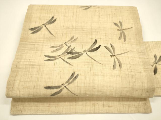 平和屋着物＊夏物　九寸名古屋帯　手描き　蜻蛉　麻　逸品　DAAZ4029cm