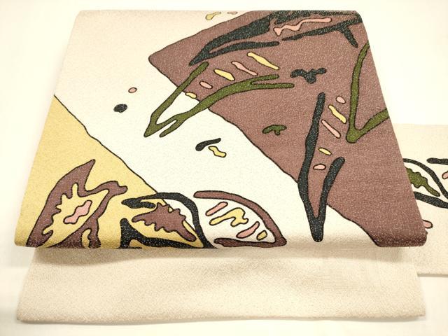 平和屋着物●染色の魔術師　染乃座・大久保玄才　そめのざ玄才　九寸名古屋帯　抽象文様　銀通し地　正絹　逸品　DAAZ4038cm