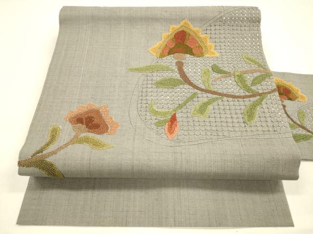 平和屋着物●中国三大刺繍　スワトウ刺繍　汕頭刺繍　相良刺繍　総刺繍　九寸名古屋帯　紬地　更紗花文　正絹　逸品　DAAZ4042cm