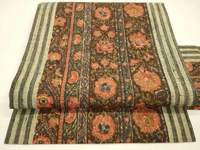 平和屋着物●銀座きしや　全通柄九寸名古屋帯　紬地　更紗花間道　正絹　逸品　DAAZ4063cm