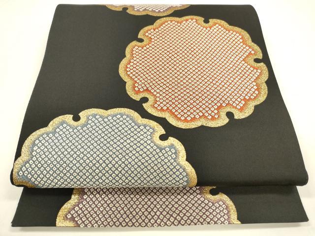 平和屋着物●六通柄袋帯　唐織　雪輪鹿の子文　黒地　金糸　正絹　逸品　DAAZ4067cm