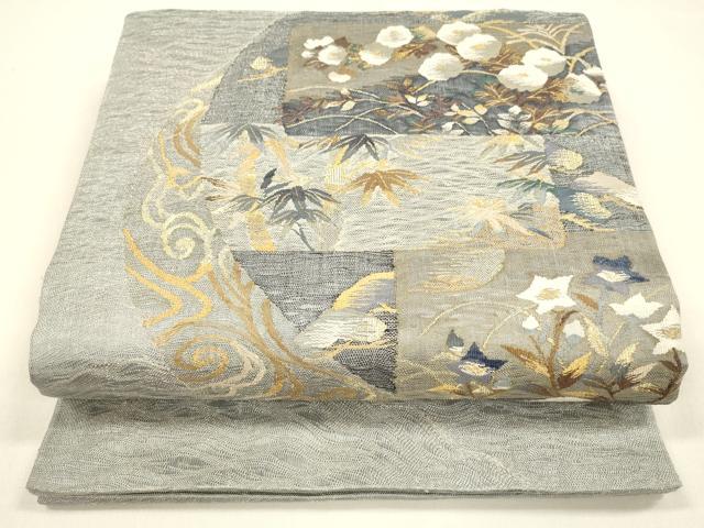 平和屋着物▽スリーシーズン　春夏秋　太鼓柄袋帯　すくい織　流水笹竹花文　金銀糸　正絹　逸品　DAAZ4164cm