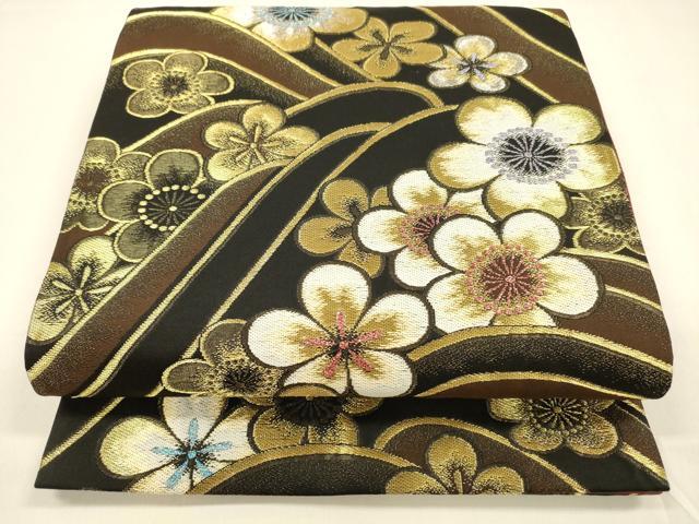 平和屋着物●六通柄袋帯　流水花文　金銀糸　正絹　逸品　DAAZ4172cm