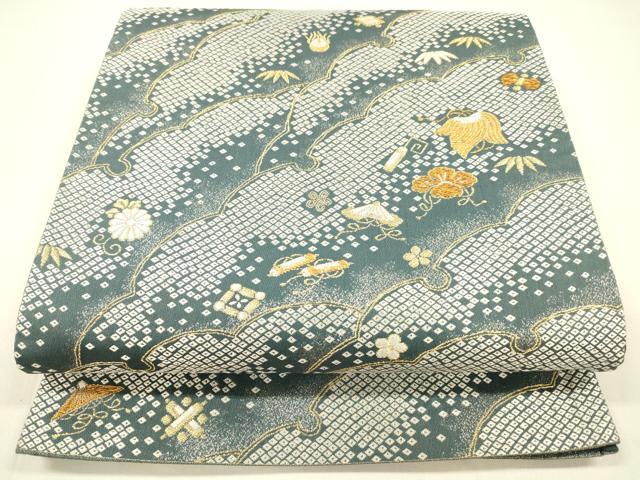 平和屋着物●六通柄袋帯　唐織　宝尽くし雪輪鹿の子花文　金糸　正絹　逸品　DAAZ4184cm