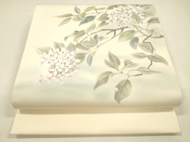 平和屋着物●塩瀬　九寸開き名古屋帯　手描き　紫陽花　正絹　逸品　DAAZ4198cm