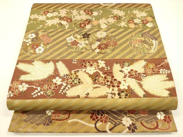 平和屋着物●西陣の名門　加納幸謹製　六通柄袋帯　唐織　松葉草花文　金糸　正絹　逸品　DAAZ4202cm