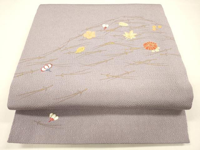 平和屋着物●九寸名古屋帯　駒刺繍　松葉草花文　金彩　鬼しぼ縮緬　正絹　逸品　DAAZ4217cm