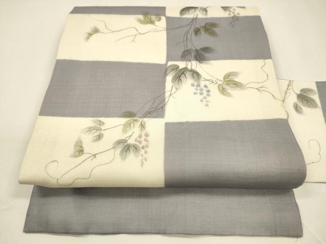 平和屋着物＊夏物　九寸名古屋帯　手描き　葡萄蔦の葉文　正絹　逸品　DAAZ4291cm