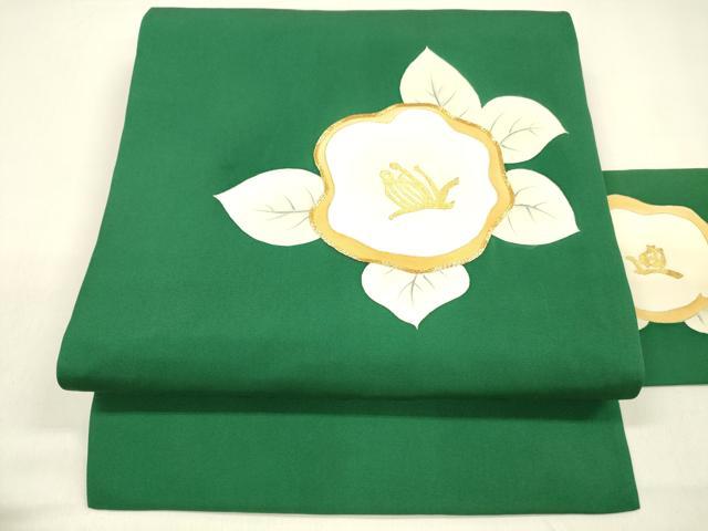 平和屋着物●塩瀬　九寸名古屋帯　手描き　駒刺繍　草花文　金彩　正絹　逸品　DAAZ4293cm