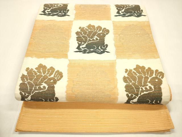平和屋着物●太鼓柄袋帯　紬地　名物裂花兎　金糸　正絹　逸品　DAAZ4313cm