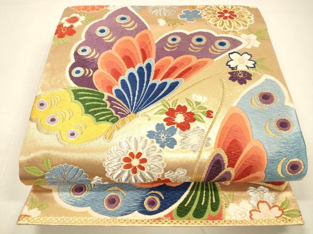 平和屋着物●六通柄袋帯　唐織　花蝶文　金銀糸　正絹　逸品　DAAZ4333cm