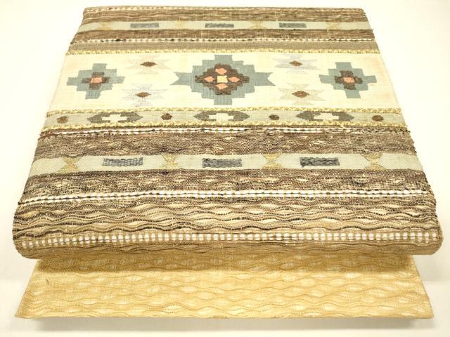 平和屋着物▽スリーシーズン　春夏秋　太鼓柄袋帯　すくい織　抽象文様　金糸　正絹　逸品　DAAZ4335cm