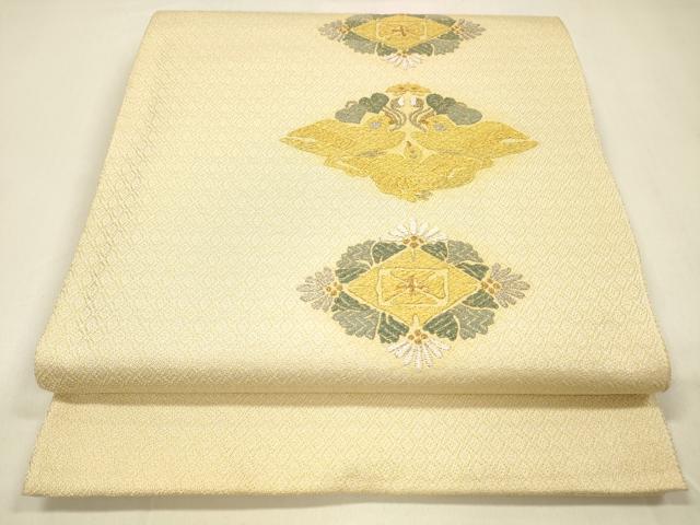 平和屋着物●太鼓柄袋帯　黄皇糸　群鳥草花文　金銀糸　正絹　逸品　DAAZ4338cm