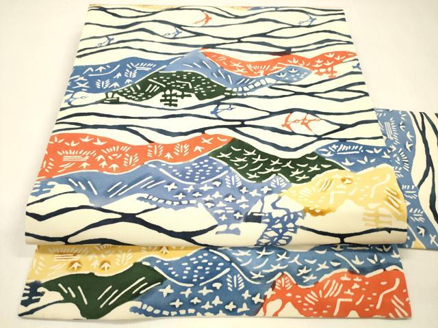平和屋着物●塩瀬　九寸名古屋帯　型染　飛鳥風景文　正絹　逸品　DAAZ4347cm