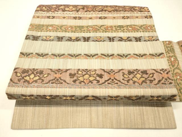 平和屋着物●九寸名古屋帯　横段草花文　金糸　正絹　逸品　DAAZ4355cm