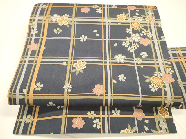平和屋着物●全通柄九寸名古屋帯　格子舞桜文　金彩　正絹　逸品　DAAZ4373cm