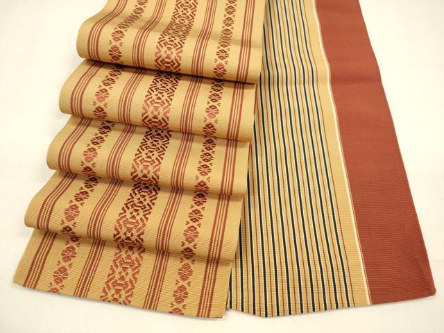 平和屋着物●本場筑前博多織　両面　半幅帯　献上　間道　正絹　逸品　DAAZ4383cm