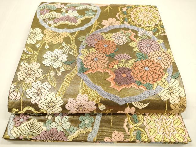 平和屋着物●六通柄袋帯　唐織　草花文　金糸　正絹　逸品　DAAZ4387cm