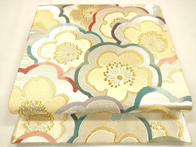 平和屋着物●六通柄袋帯　唐織　舞梅文　金銀糸　正絹　逸品　DAAZ4389cm