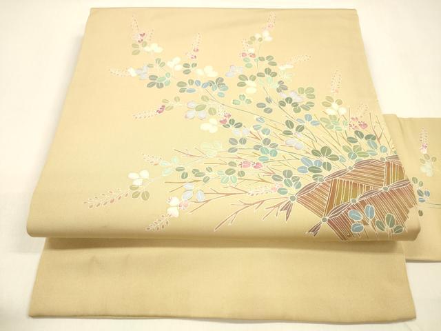 平和屋着物●塩瀬　九寸名古屋帯　友禅　作家物　籬草葉文　正絹　逸品　DAAZ4405cm