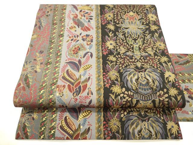 平和屋着物●塩瀬　全通柄九寸名古屋帯　更紗花鳥文　金彩　正絹　逸品　DAAZ4407cm