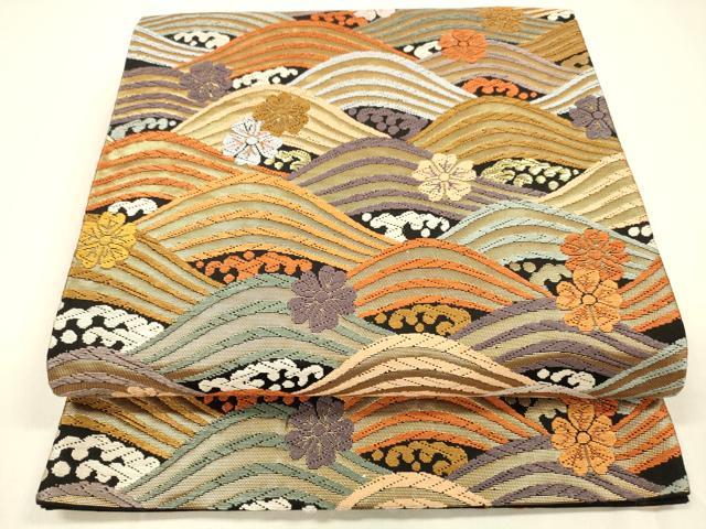 平和屋着物●六通柄袋帯　唐織　青海波桜花文　黒地　金糸　正絹　逸品　DAAZ4435cm