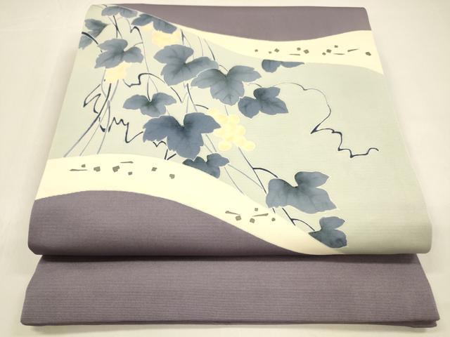 平和屋着物●塩瀬　九寸開き名古屋帯　友禅　作家物　葡萄蔦の葉文　正絹　逸品　DAAZ4445cm