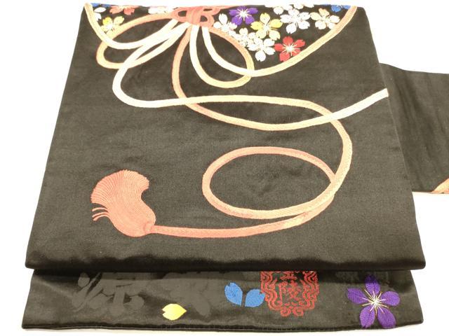 平和屋着物●アンティーク　大正ロマン　九寸名古屋帯　総刺繍　結び紐花文　黒地　正絹　逸品　DAAZ4452cm