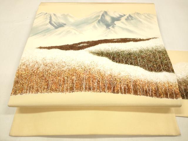 平和屋着物●塩瀬　九寸名古屋帯　手描き　風景文　正絹　逸品　DAAZ4464cm