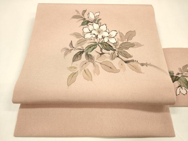 平和屋着物●九寸名古屋帯　作家物　手描き　枝花文　鬼しぼ縮緬　正絹　逸品　DAAZ4466cm