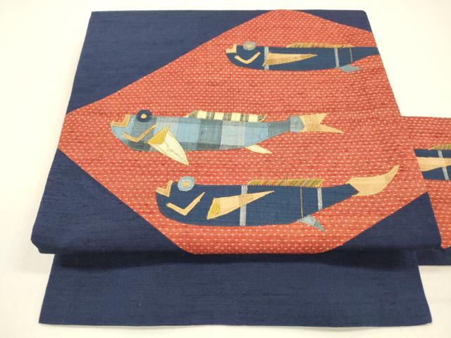 平和屋着物●九寸名古屋帯　パッチワーク　紬地　切嵌　魚　正絹　逸品　DAAZ4470cm