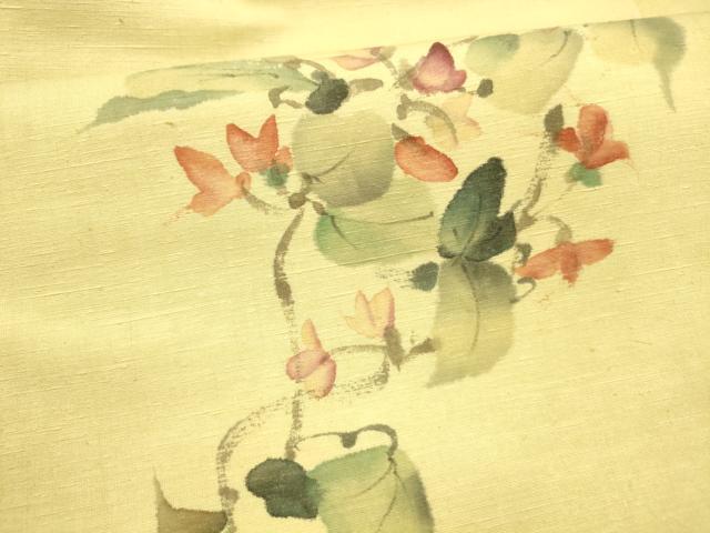 平和屋着物●九寸名古屋帯　手描き　紬地　蔦の葉花文　正絹　逸品　DAAZ4472cm 平和屋着物○九寸名古屋帯 手描き 紬地 蔦の葉花文