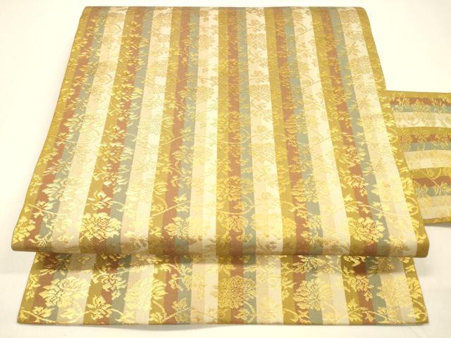 平和屋着物●全通柄九寸名古屋帯　更紗花文　金糸　正絹　逸品　DAAZ4490cm