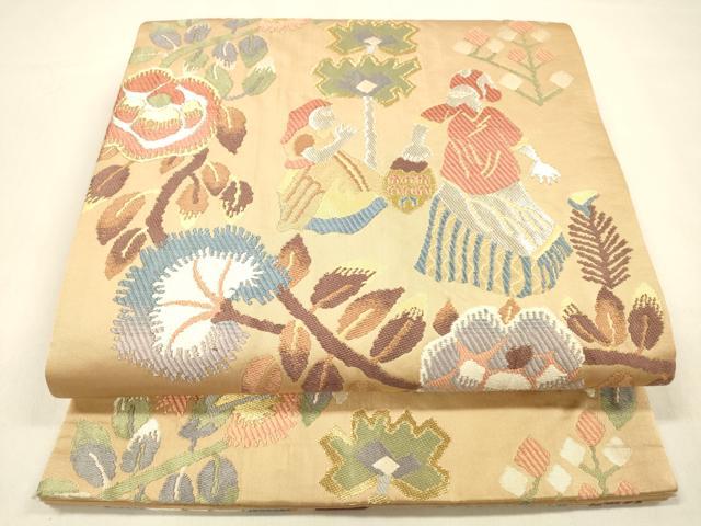 平和屋着物●六通柄袋帯　唐織　人物更紗花文　金銀糸　正絹　逸品　DAAZ4492cm