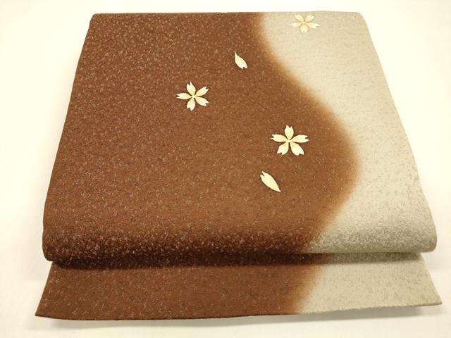 平和屋着物●全通柄袋帯　舞桜文　金通し地　正絹　逸品　DAAZ4494cm
