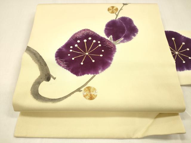 平和屋着物●塩瀬　九寸名古屋帯　手描き　駒刺繍　枝梅文　金銀彩　正絹　逸品　DAAZ4510cm